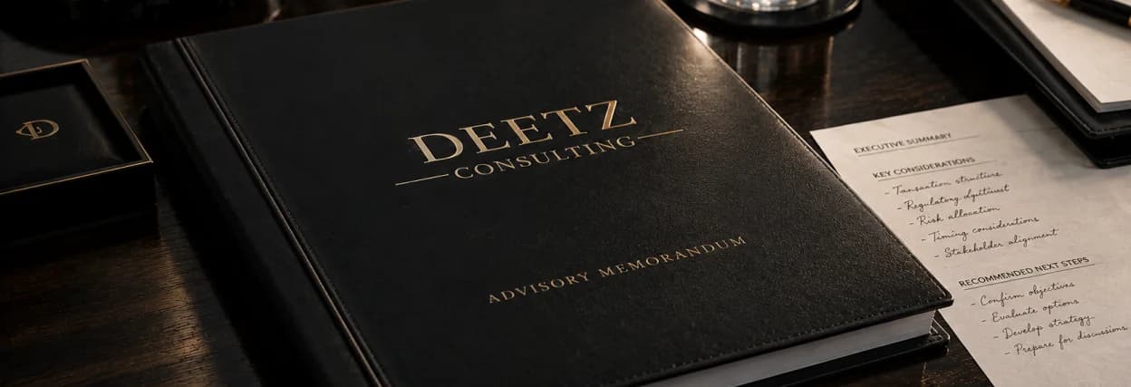 A black leather Deetz Consulting Advisory Memorandum on a desk with hand-written notes.