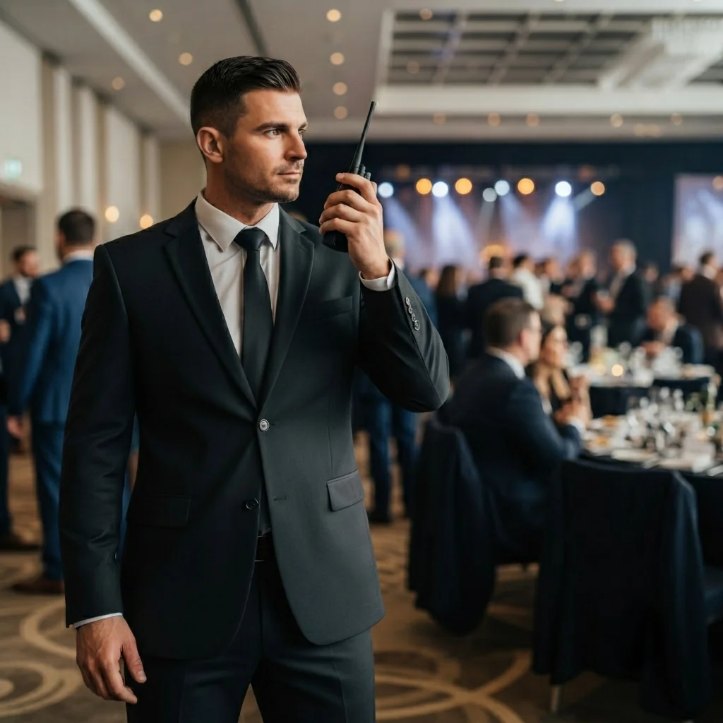 A donor gala in a public venue, guests arriving under discreet security oversight.