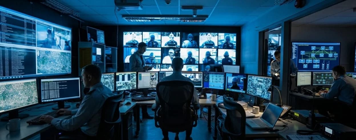 A federal security operations center at night — analysts working across banks of monitors displaying maps and live feeds.