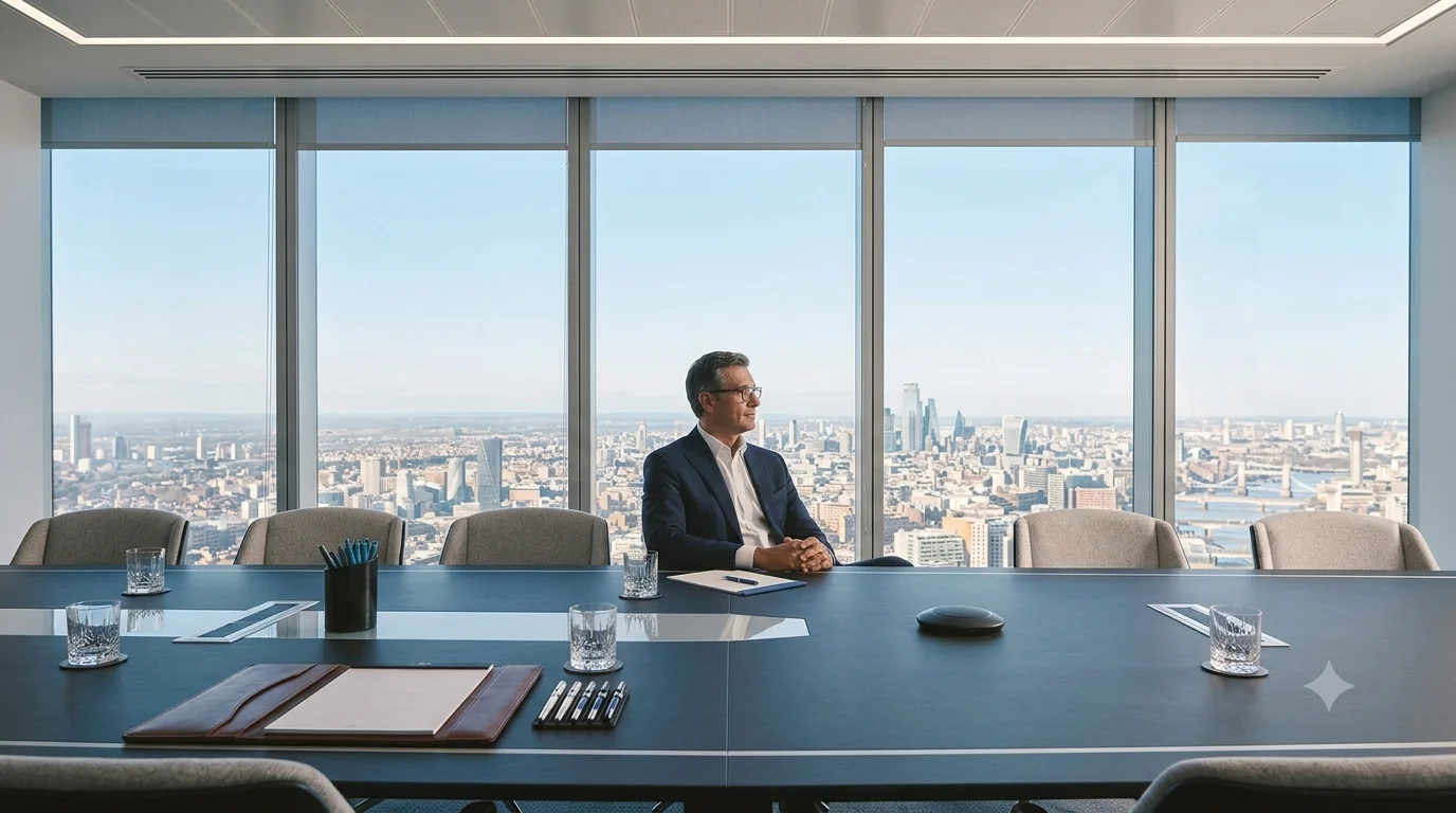 A senior executive at a boardroom table before a wall of glass overlooking the city.